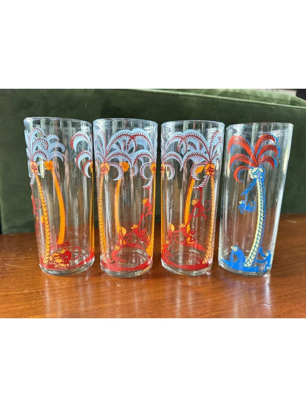 Vintage MCM Federal Glass Native Kissing Palm Tree Highball Glasses - Set of 4